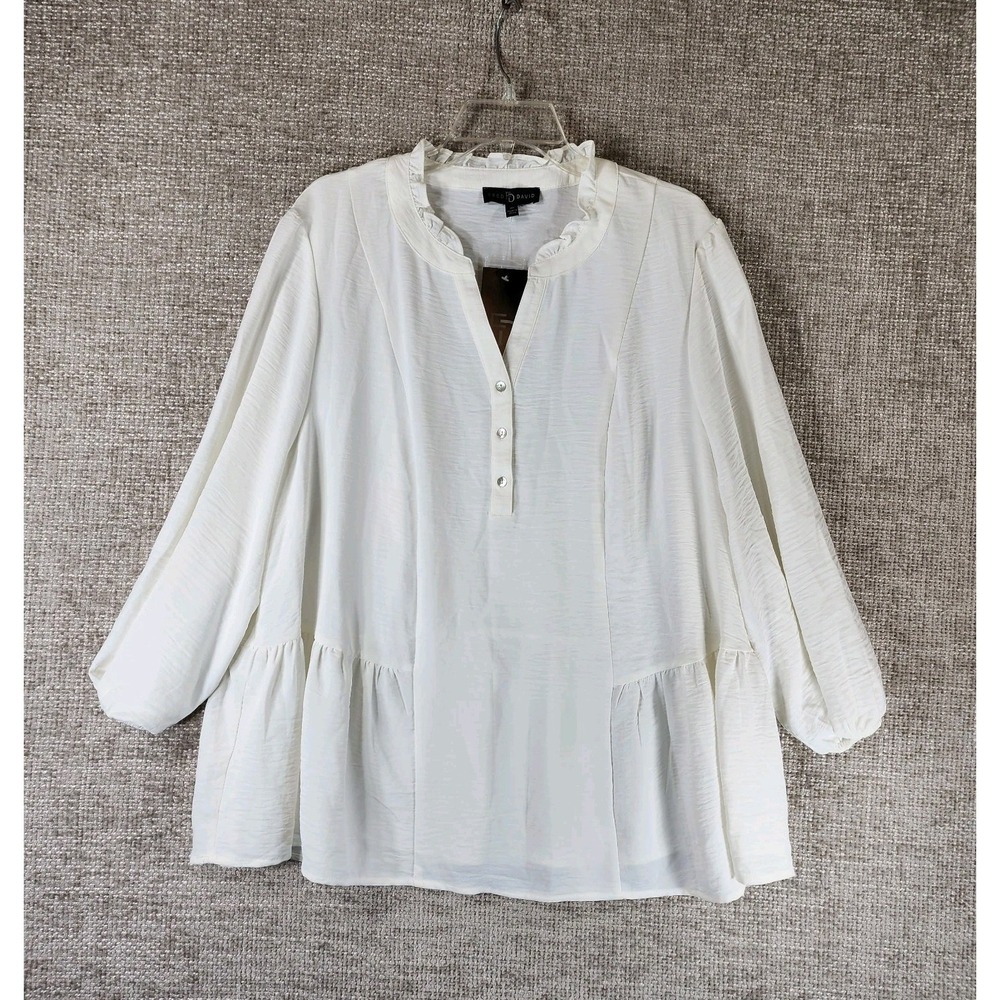 Fred David 1/2 Button Popover Blouse Womens 3X Ivory Peplum Ruffle Collar NWT